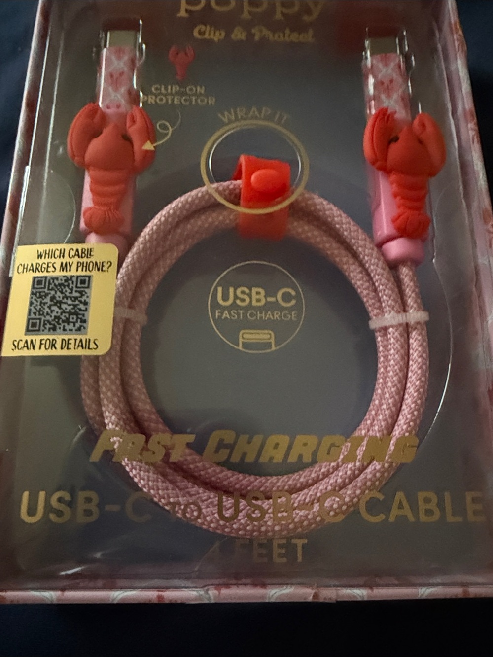 Poppy USB-C Lobster Fast Charging Cable with Clip Protectors - Pink - Picture 3 of 5